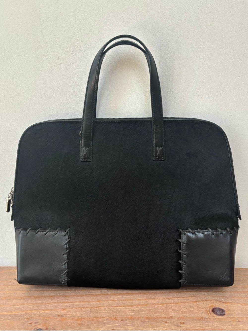 Cole Haan black cowhide leather stitch detail tote bag